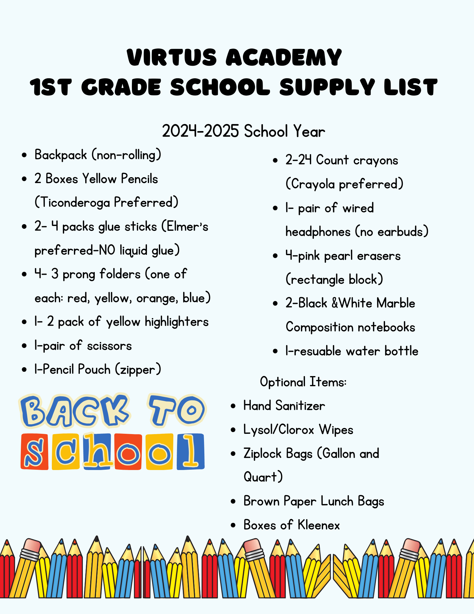 1st Grade Supply List 24-25