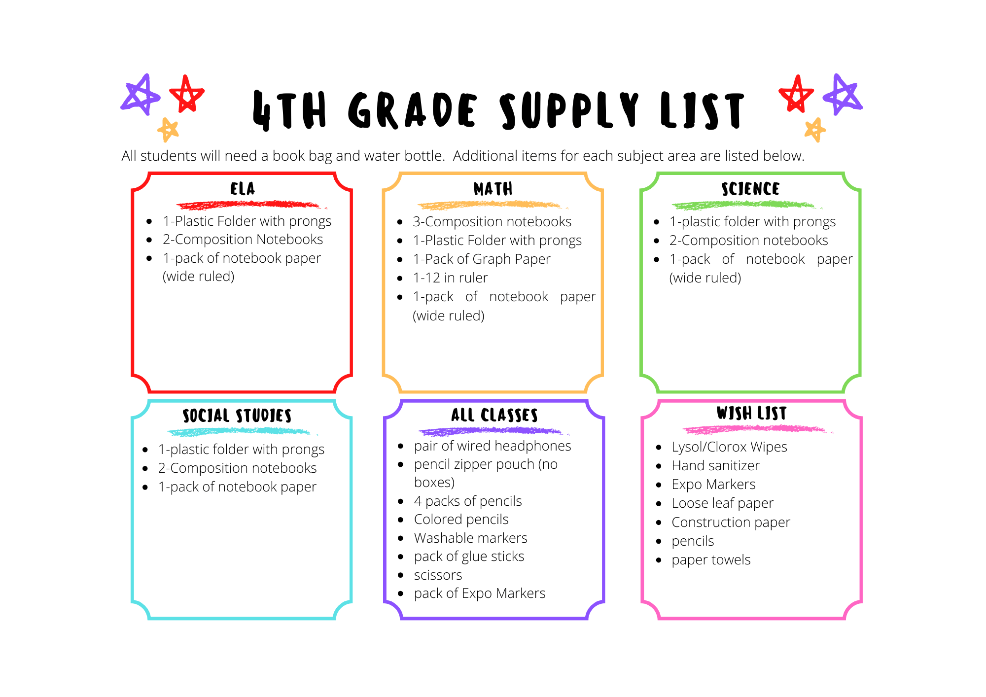 4th Grade Supply List 24-25