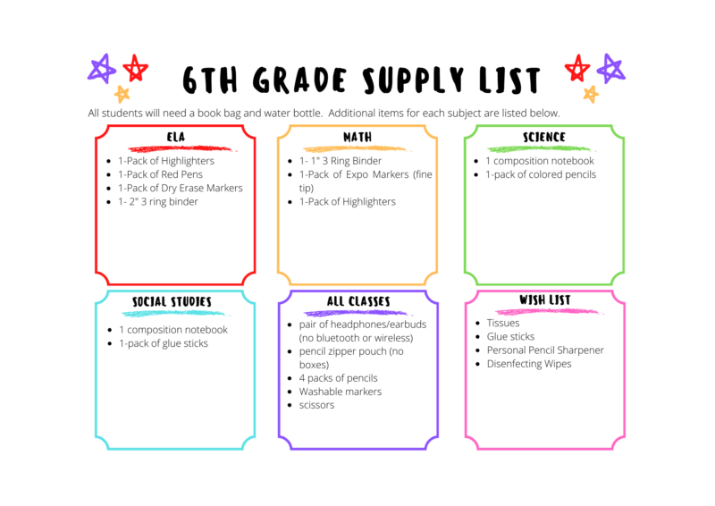 6th Grade Supply List 24-25