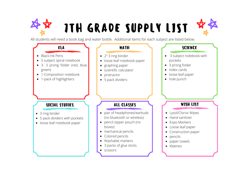 7th Grade School Supply List 24-25