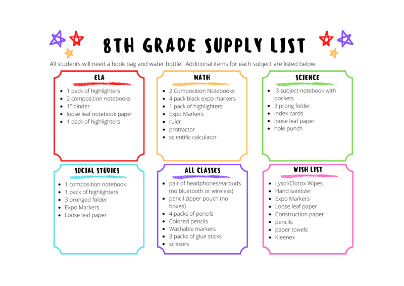 8th Grade School Supply List 24-25