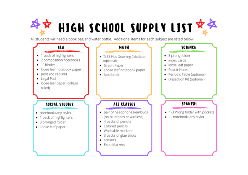 High School Supply List 24-25