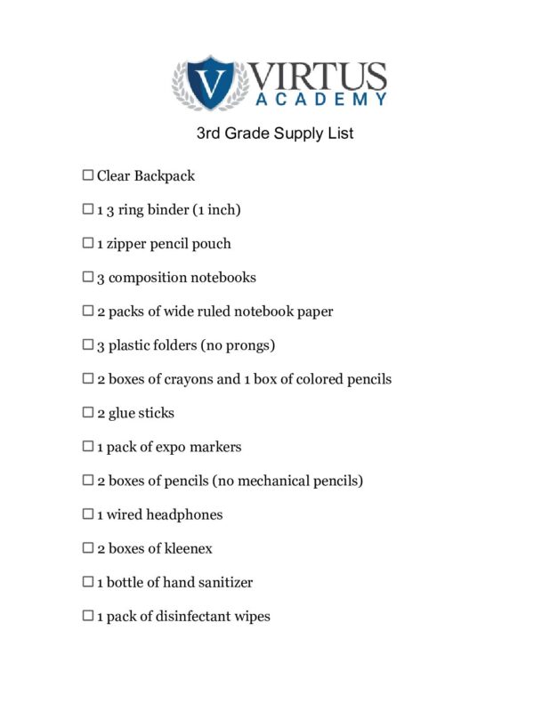 2025-26 Supply List 3rd grade