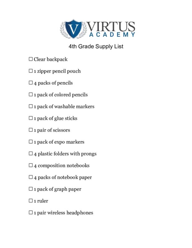 2025-26 Supply List 4th grade