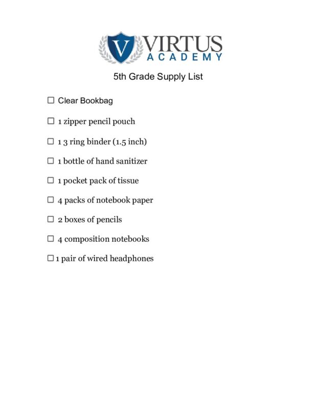 2025-26 Supply List 5th grade