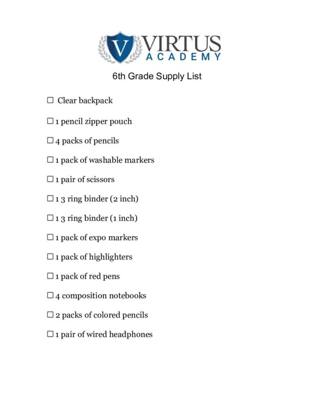 2025-26 Supply List 6th grade