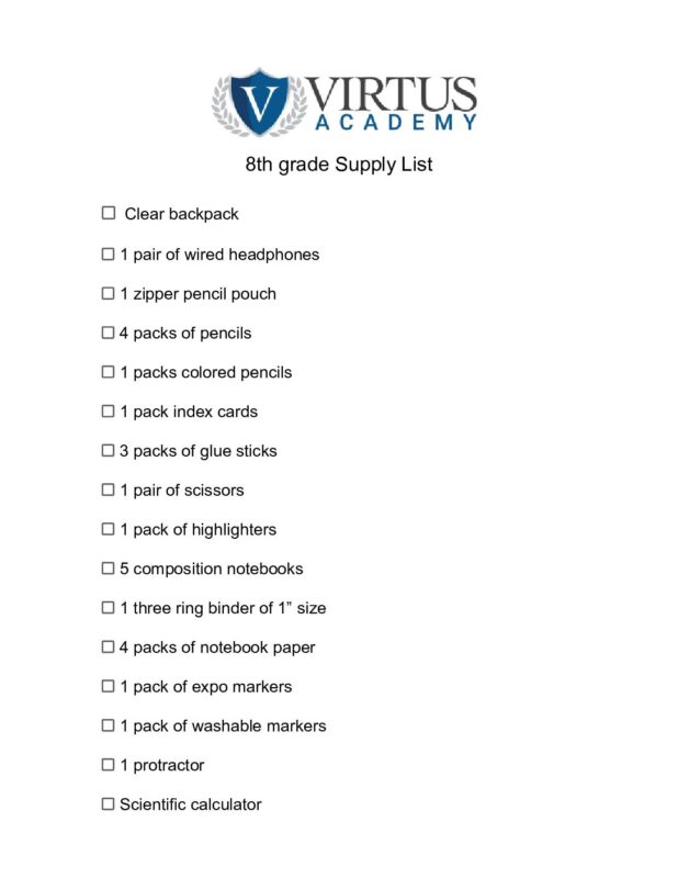 2025-26 Supply List 8th grade