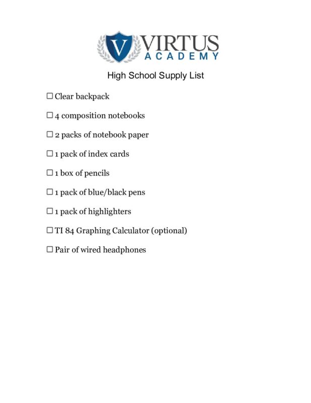 2025-26 Supply List High School
