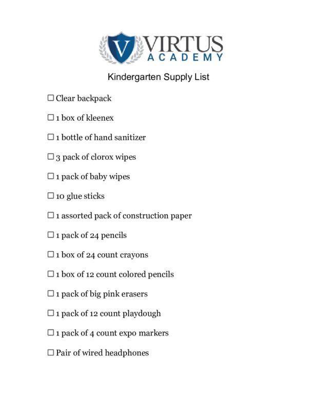 2025-26 Supply List Kindergarten